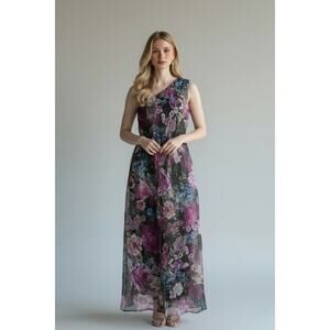 Lulus Stunning One-Shoulder Floral Organza Sheer Maxi Dress Purple & Black M